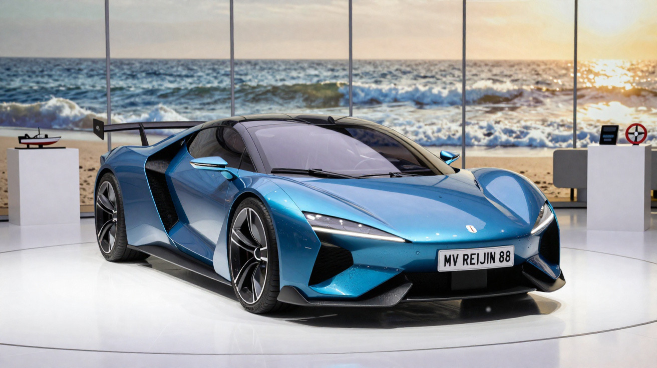 Carro esportivo azul metálico exibido em ambiente moderno com vista para o mar ao pôr do sol.