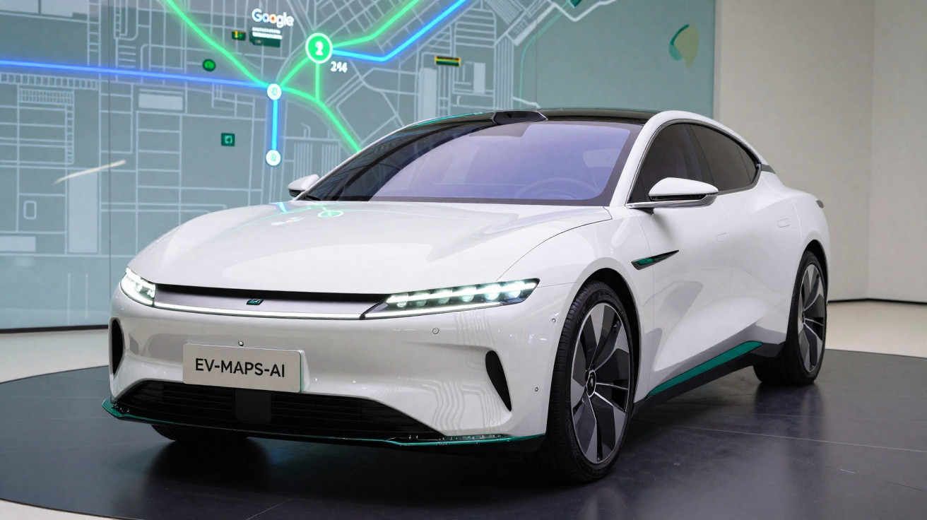 Carro elétrico branco futurista em exposição com mapa digital projetado ao fundo.