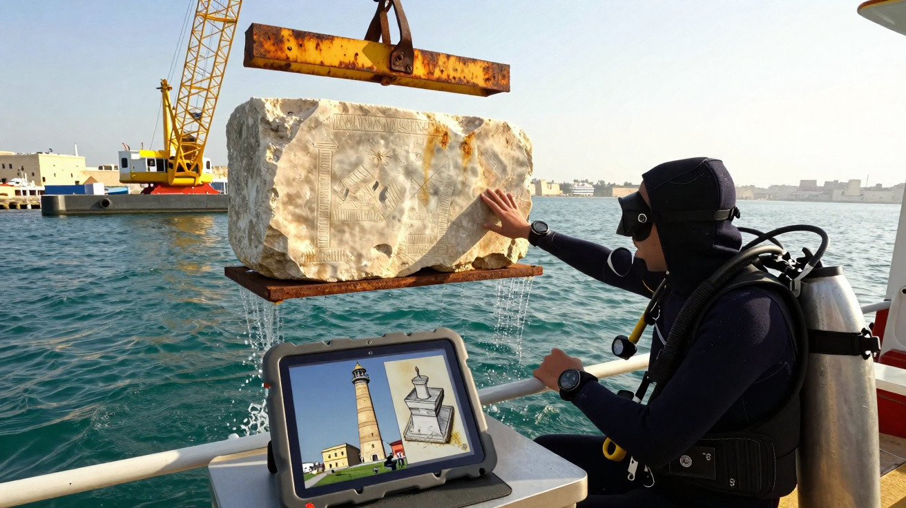 Mergulhador tocando bloco de pedra retirado da água, com tablet mostrando desenho de farol e objeto.