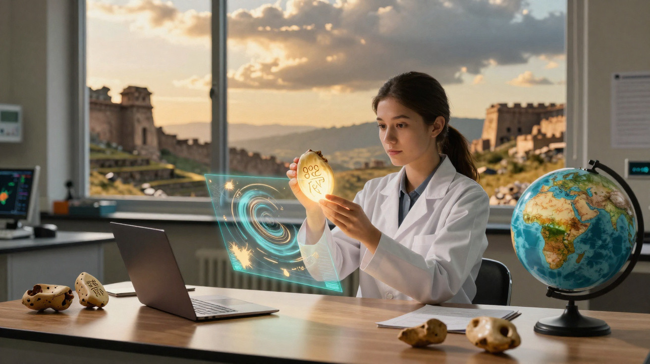 Jovem cientista em laboratório com holograma espacial e fragmentos de meteorito sobre mesa com globo terrestre.