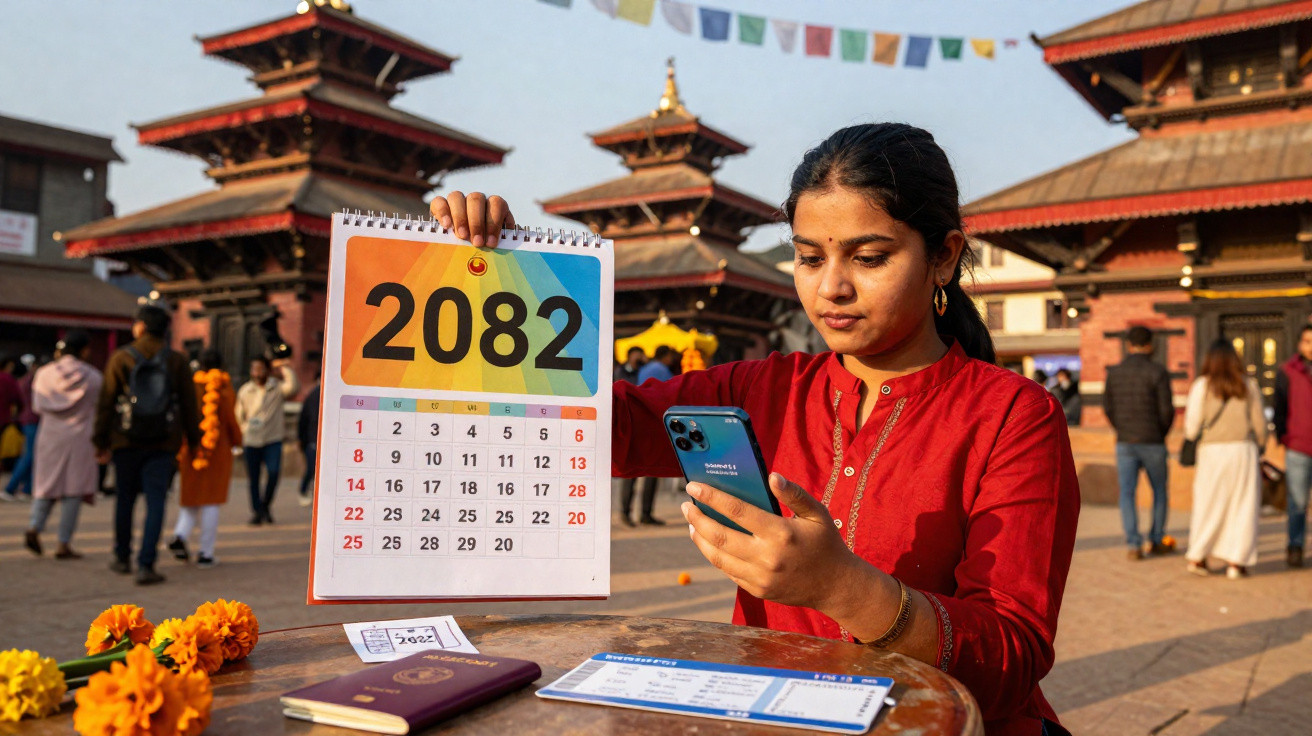 Mulher em roupa vermelha segura calendário de 2082 e olha para celular em praça histórica com pessoas ao fundo.