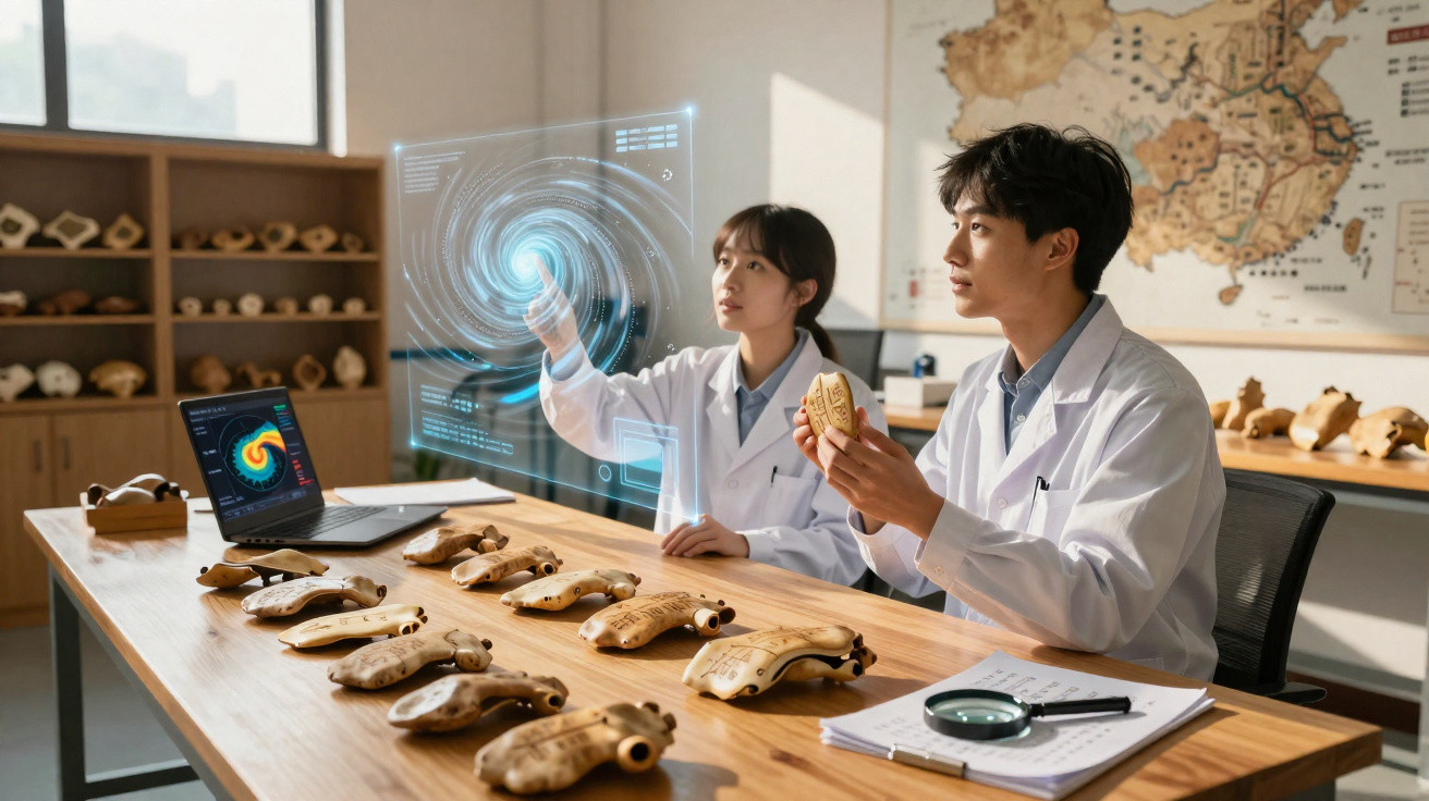 Dois cientistas em laboratório analisam instrumentos antigos com projeções holográficas e mapa histórico ao fundo.