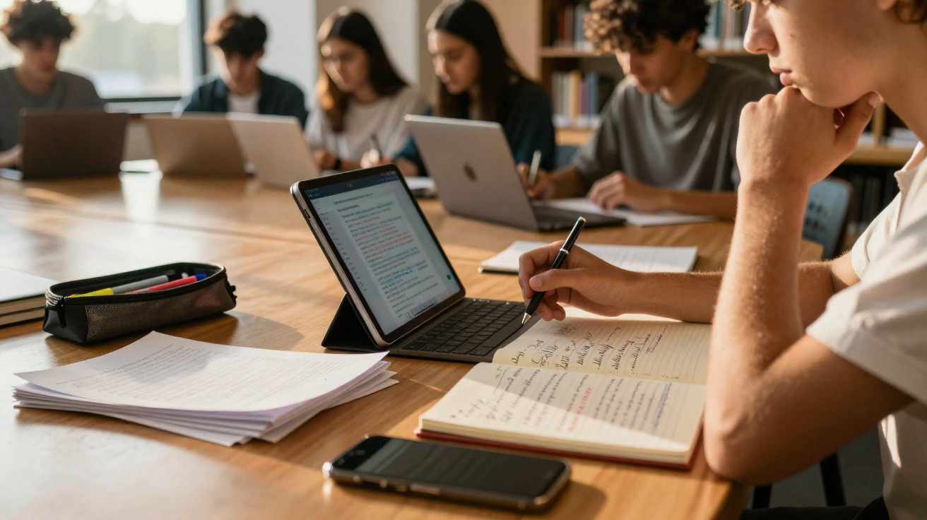 Jovens estudando em grupo com notebooks e cadernos em mesa de biblioteca.