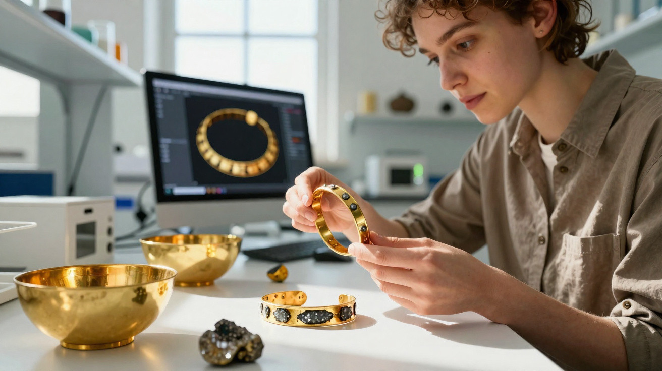 Jovem analisando joias douradas com pedras pretas em estúdio de design com computador ao fundo.