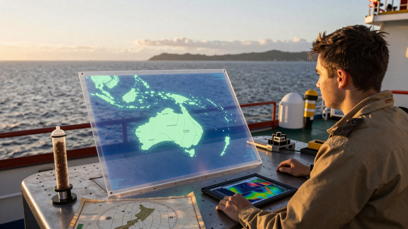 Homem olhando para mapa digital da Austrália em mesa com equipamentos de navegação no convés de um barco.