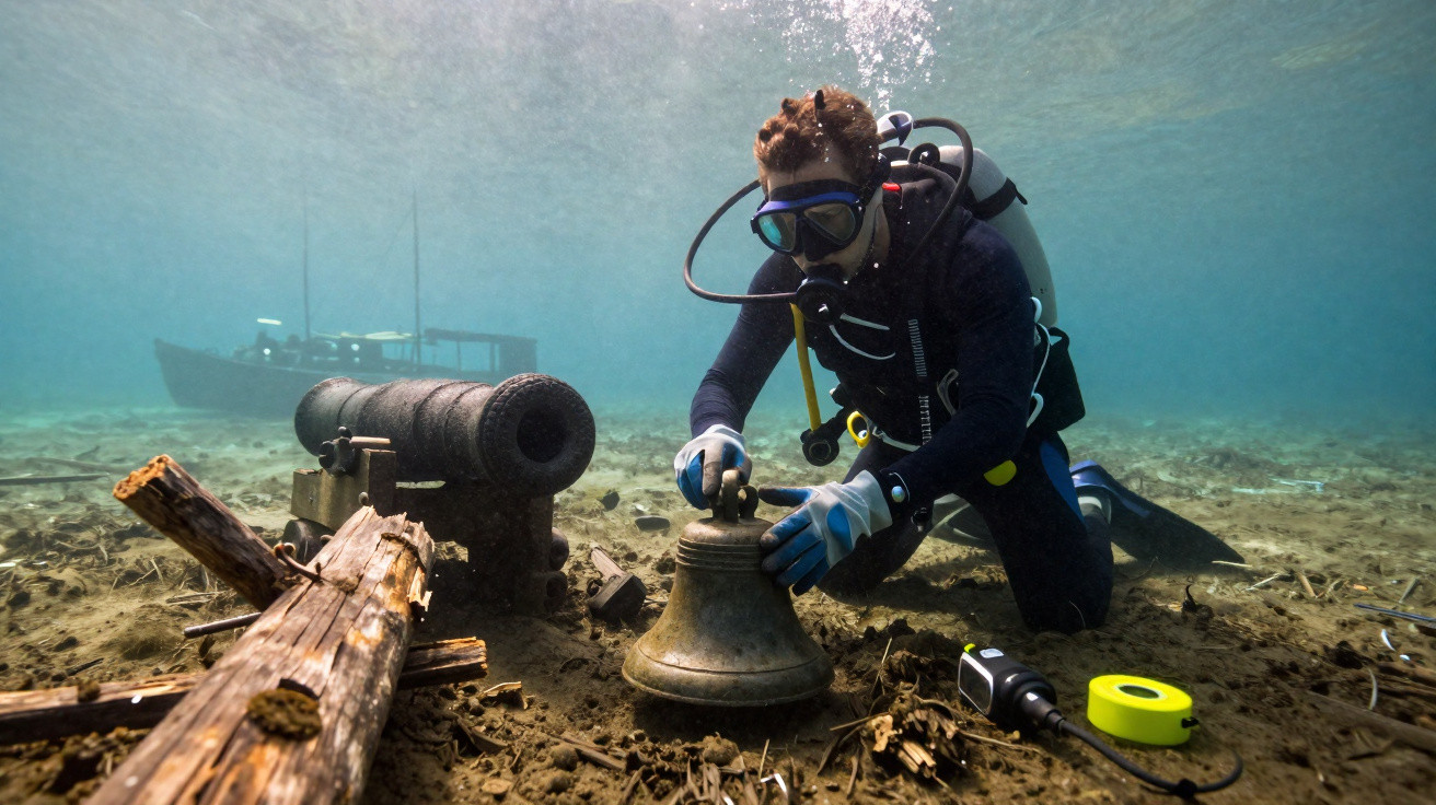Mergulhador explorando artefatos históricos, incluindo um canhão e um sino, no fundo do mar próximo a um barco.