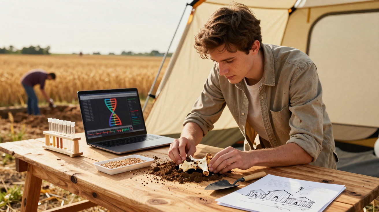 Jovem analisa amostra de solo em campo com laptop, tubos de ensaio e desenho técnico sobre a mesa wooden table.