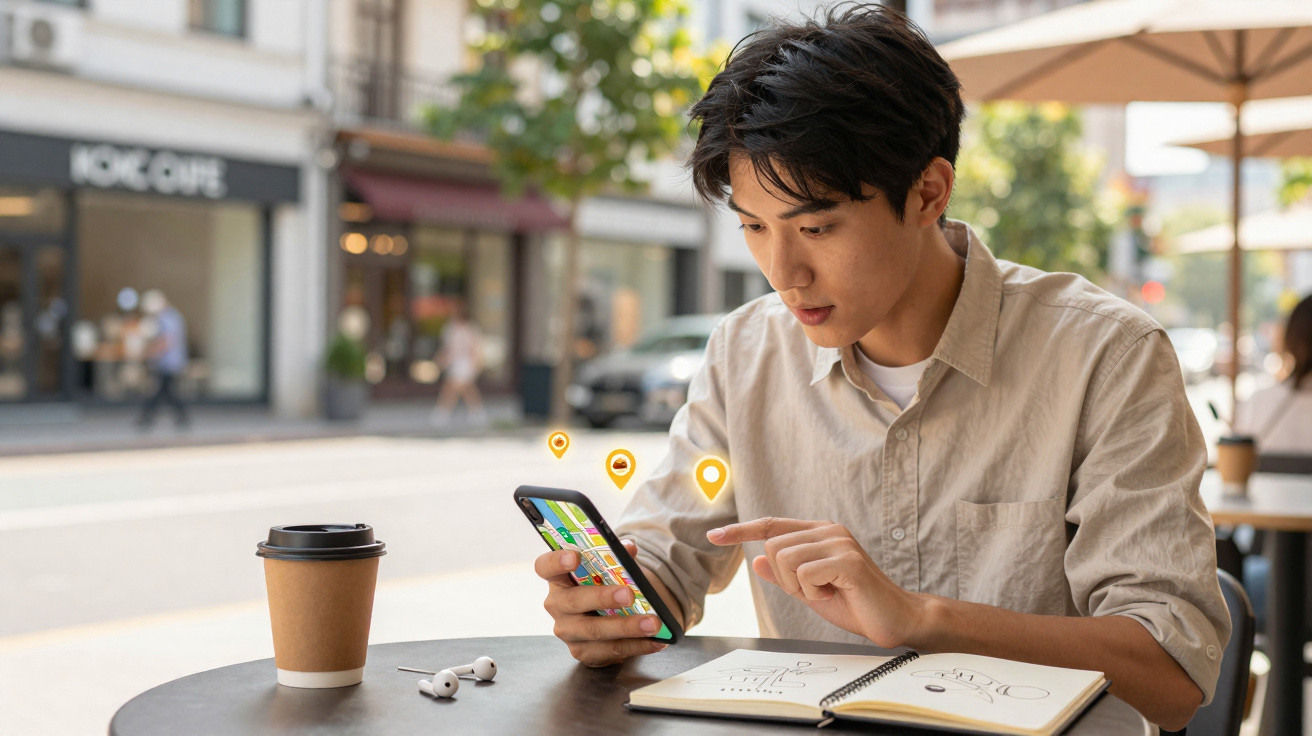 Jovem usando celular com mapas e marcadores digitais sentado em mesa de café ao ar livre.