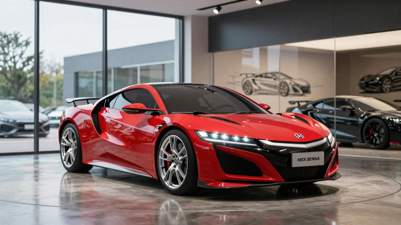 Carro esportivo vermelho Honda NSX Senna exibido em showroom moderno com reflexo no chão polished.