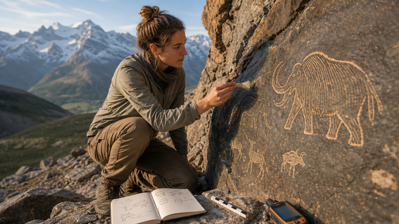 Jovem estudando pinturas rupestres de mamutes em pedra, com caderno aberto e montanhas ao fundo.