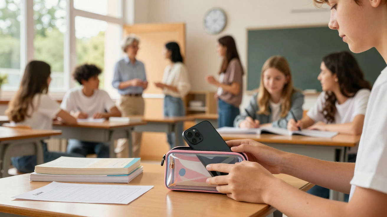 Aluno guardando celular em estojo transparente dentro de sala de aula com colegas e professor ao fundo.