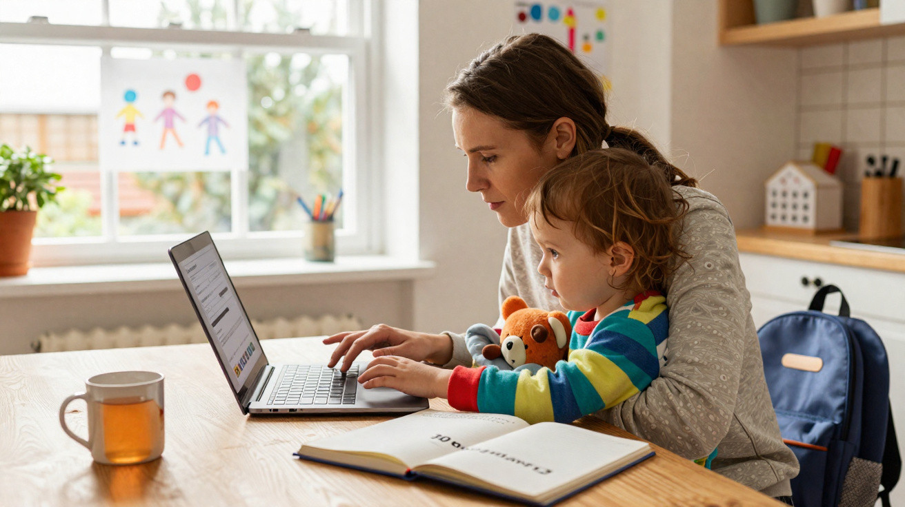 Mulher e criança usando laptop juntos em mesa, com livro aberto e xícara ao lado, em ambiente doméstico.