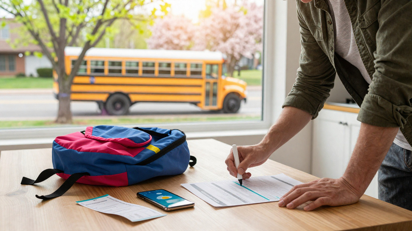 Pessoa assinando documentos sobre mesa com mochila, celular e ônibus escolar ao fundo.