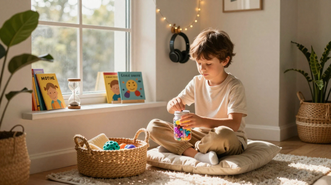 Menino sentado no chão de sala iluminada, brincando com pote de bolinhas coloridas próximo a cesto de brinquedos.