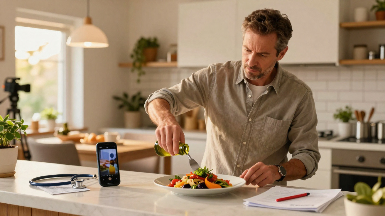 Homem preparando salada e adicionando azeite em cozinha moderna, com celular gravando vídeo.
