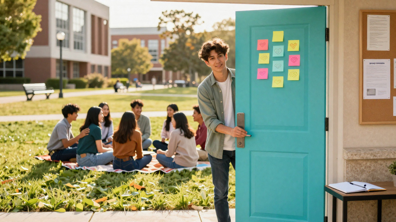 Jovem abrindo porta azul com post-its coloridos enquanto grupo de amigos se reúne no parque ao fundo.