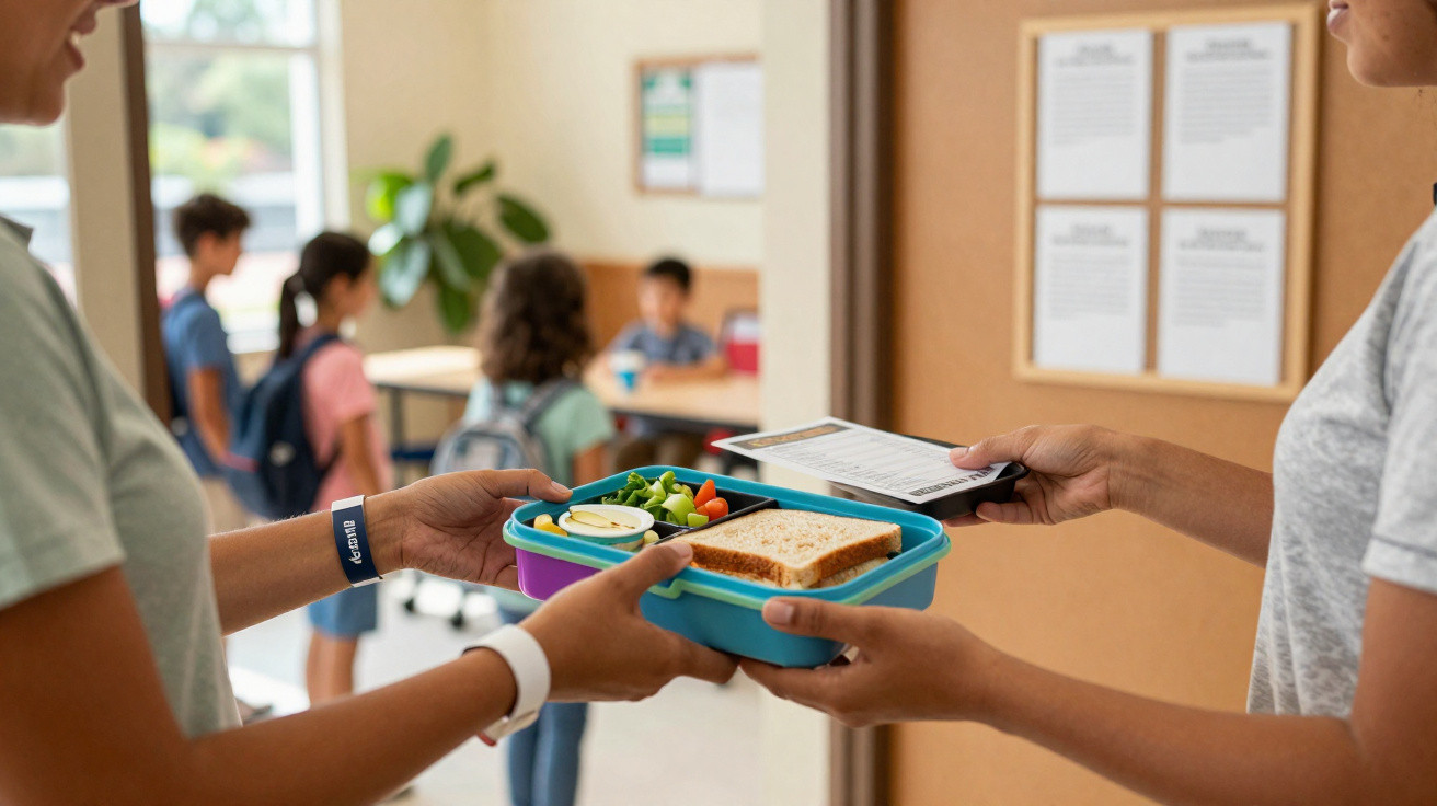 Pessoa entrega lancheira com sanduíche e vegetais para outra em ambiente escolar com crianças ao fundo.