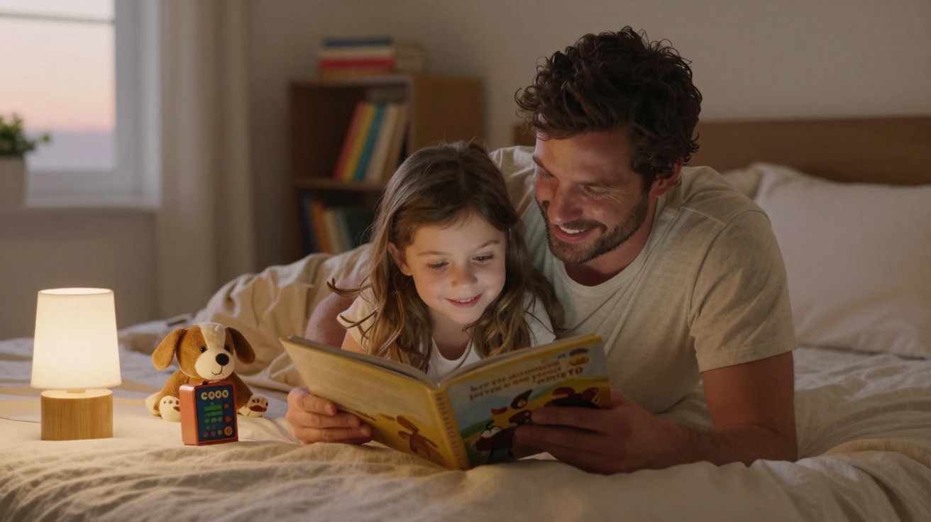 Pai e filha lendo um livro juntos na cama com luz suave de abajur ao lado.