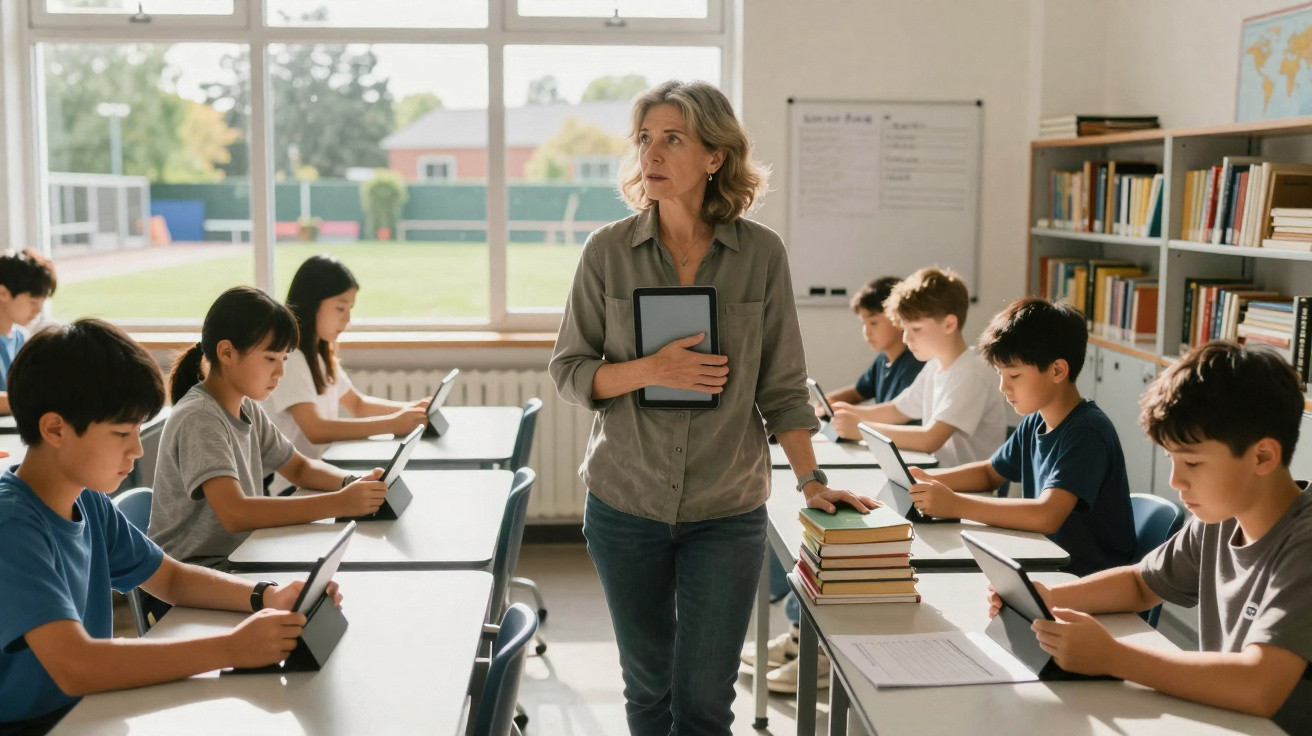 Professora em sala com alunos usando tablets sentados em carteiras iluminadas por luz natural.