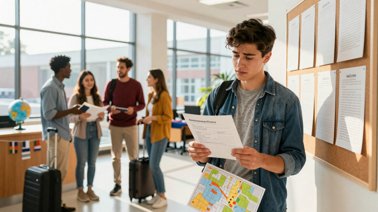 Jovem segura formulários e mapa em sala de espera, grupo conversa ao fundo com malas ao lado.