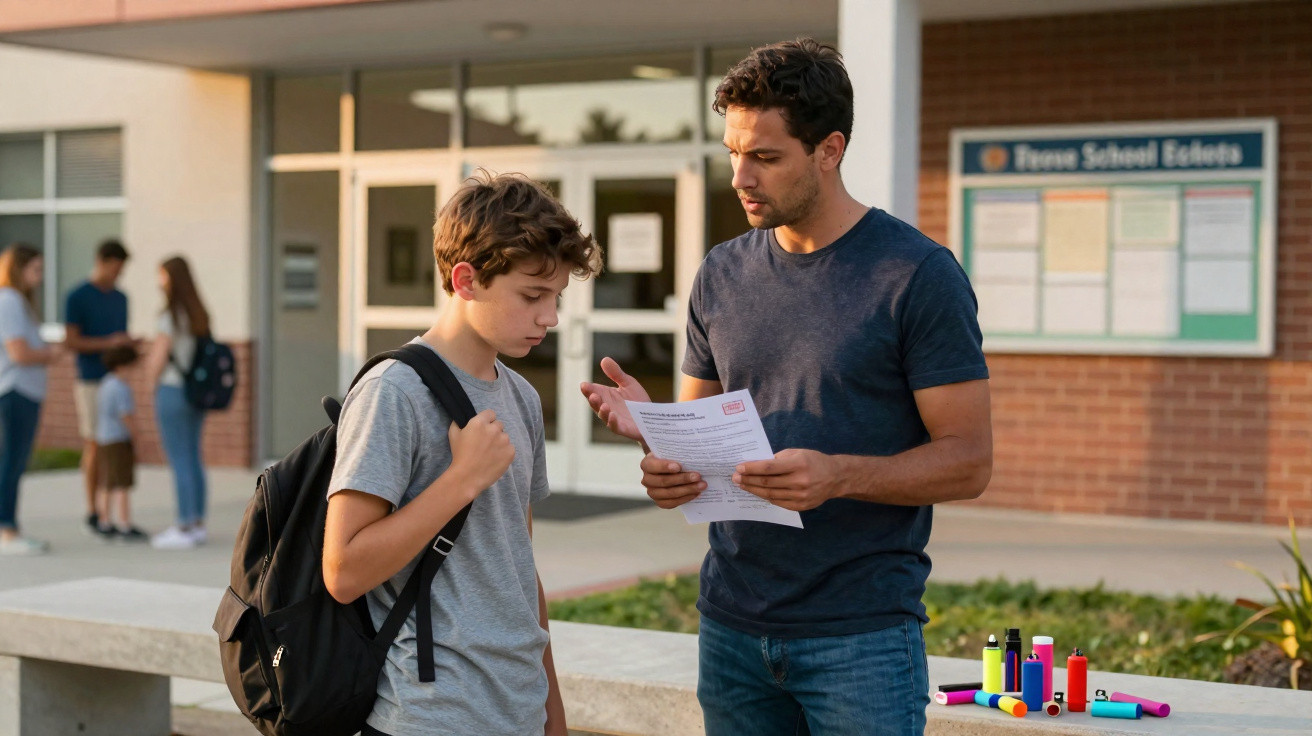 Homem adulto conversando com garoto em frente à escola, mostrando um papel nas mãos.