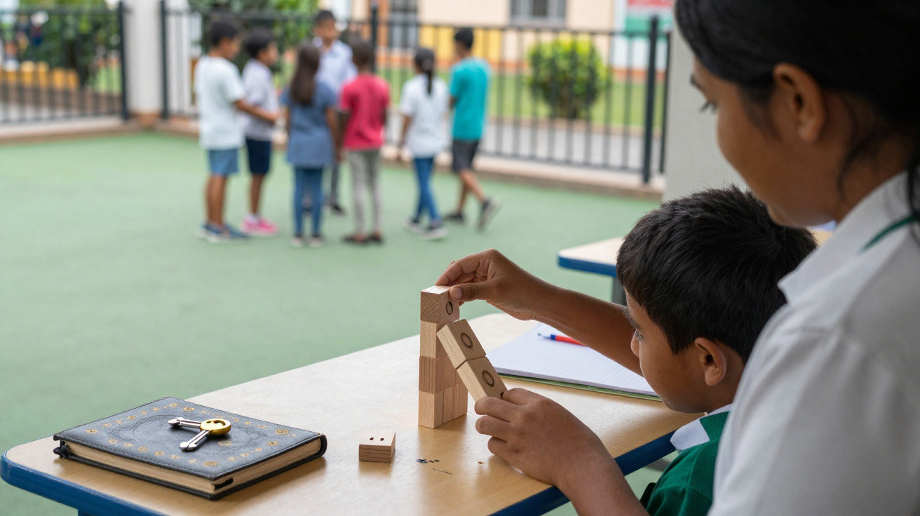 Criança montando torre com blocos de madeira enquanto outra pessoa observa em ambiente escolar ao ar livre.