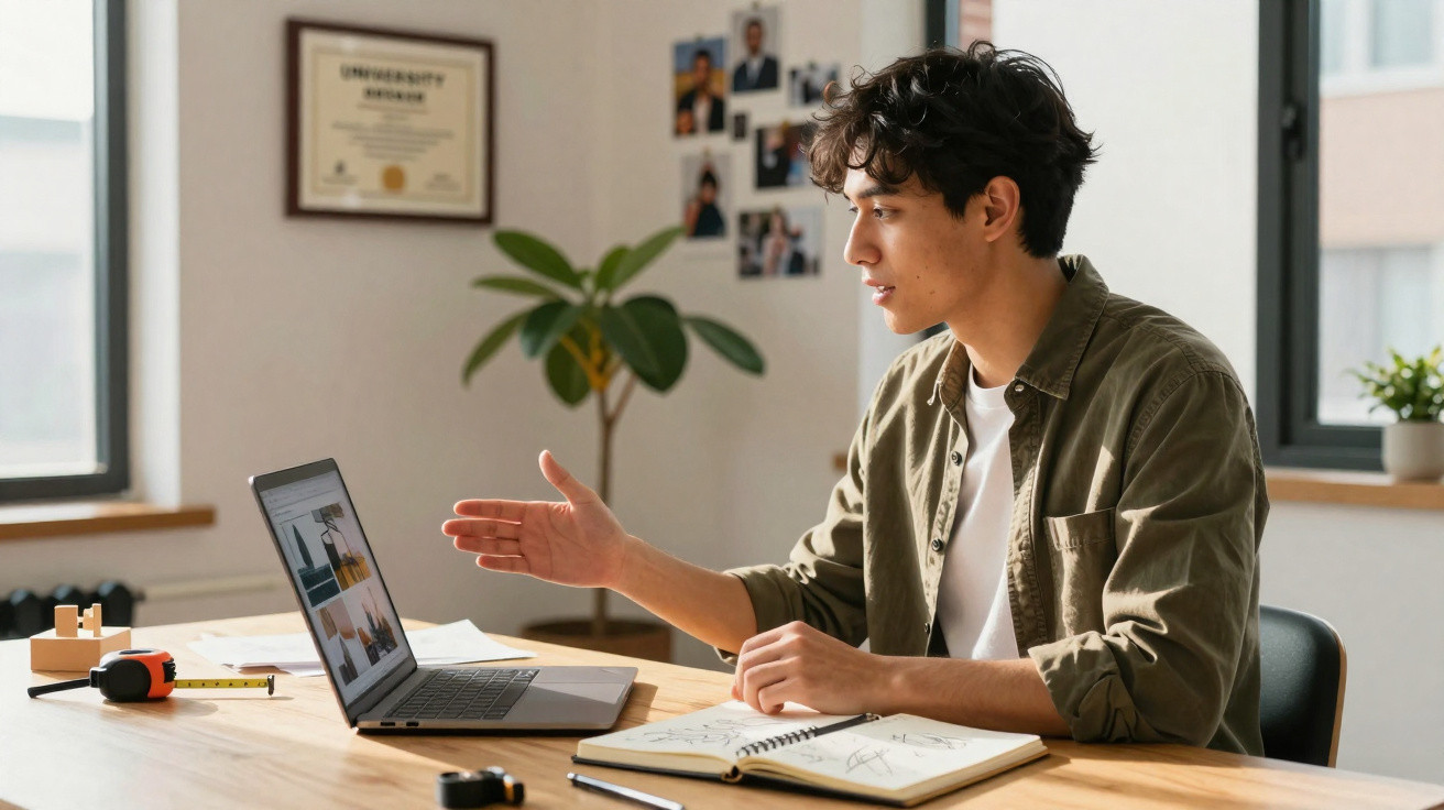 Jovem sentado à mesa interagindo em videochamada pelo notebook com caderno aberto à frente.