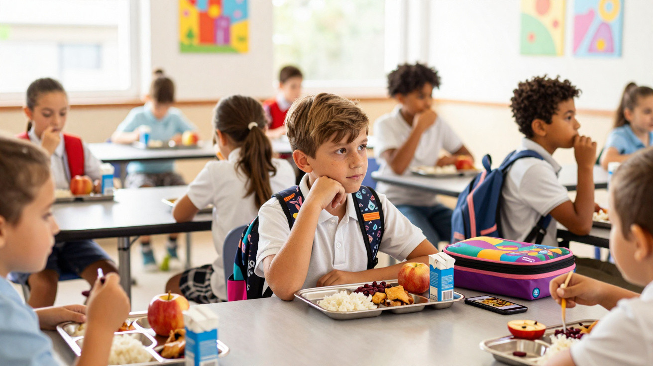 Crianças almoçando em refeitório escolar, sentadas em mesas com bandejas de comida e mochilas.
