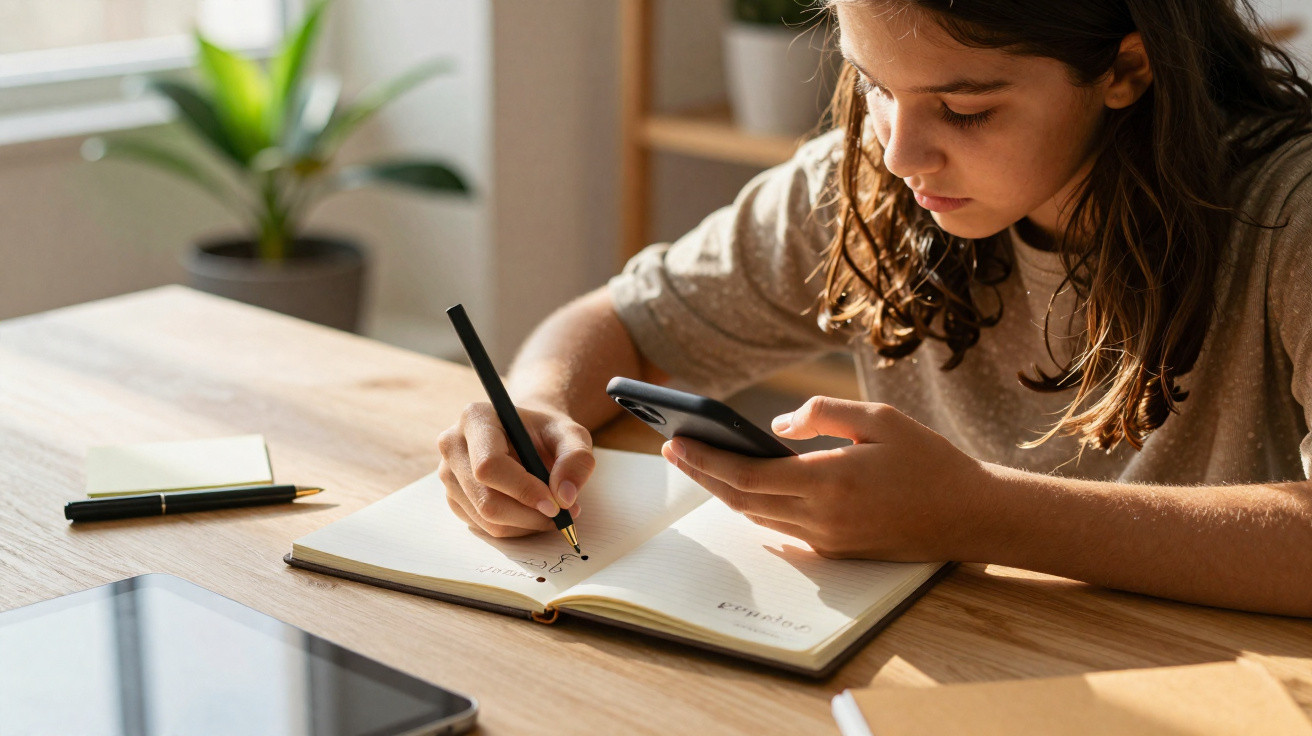 Menina concentrada escrevendo em caderno enquanto consulta informações no celular, sentada à mesa de madeira.