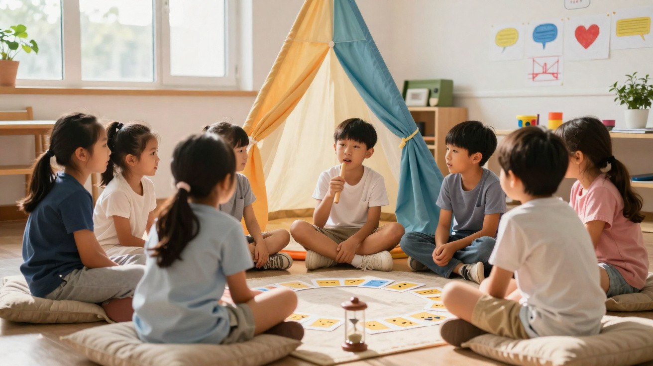 Crianças sentadas em círculo em almofadas participando de atividade lúdica dentro de sala com tenda colorida.