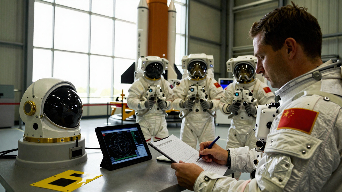 Homem verifica anotações perto de capacete espacial, tablet e três astronautas com bandeiras da China em uniforme branco.