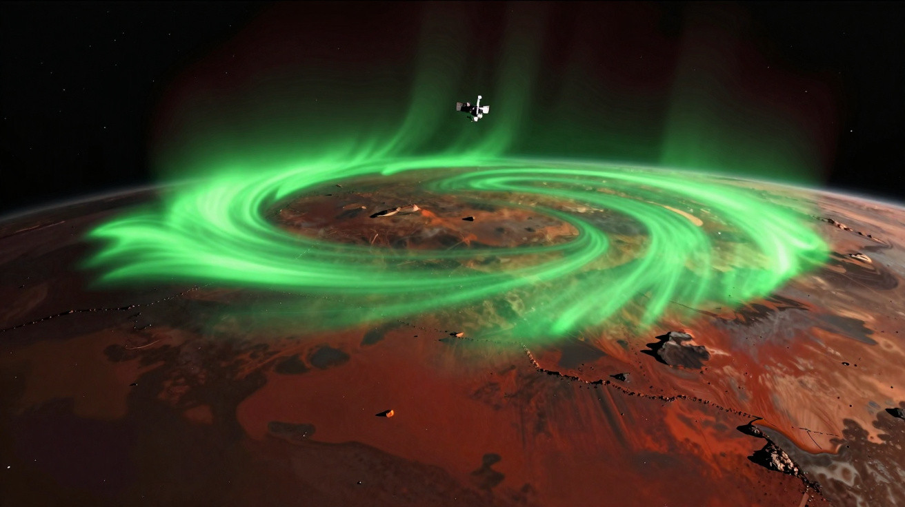 Aurora verde em espiral vista do espaço acima de um planeta vermelho com uma nave espacial.