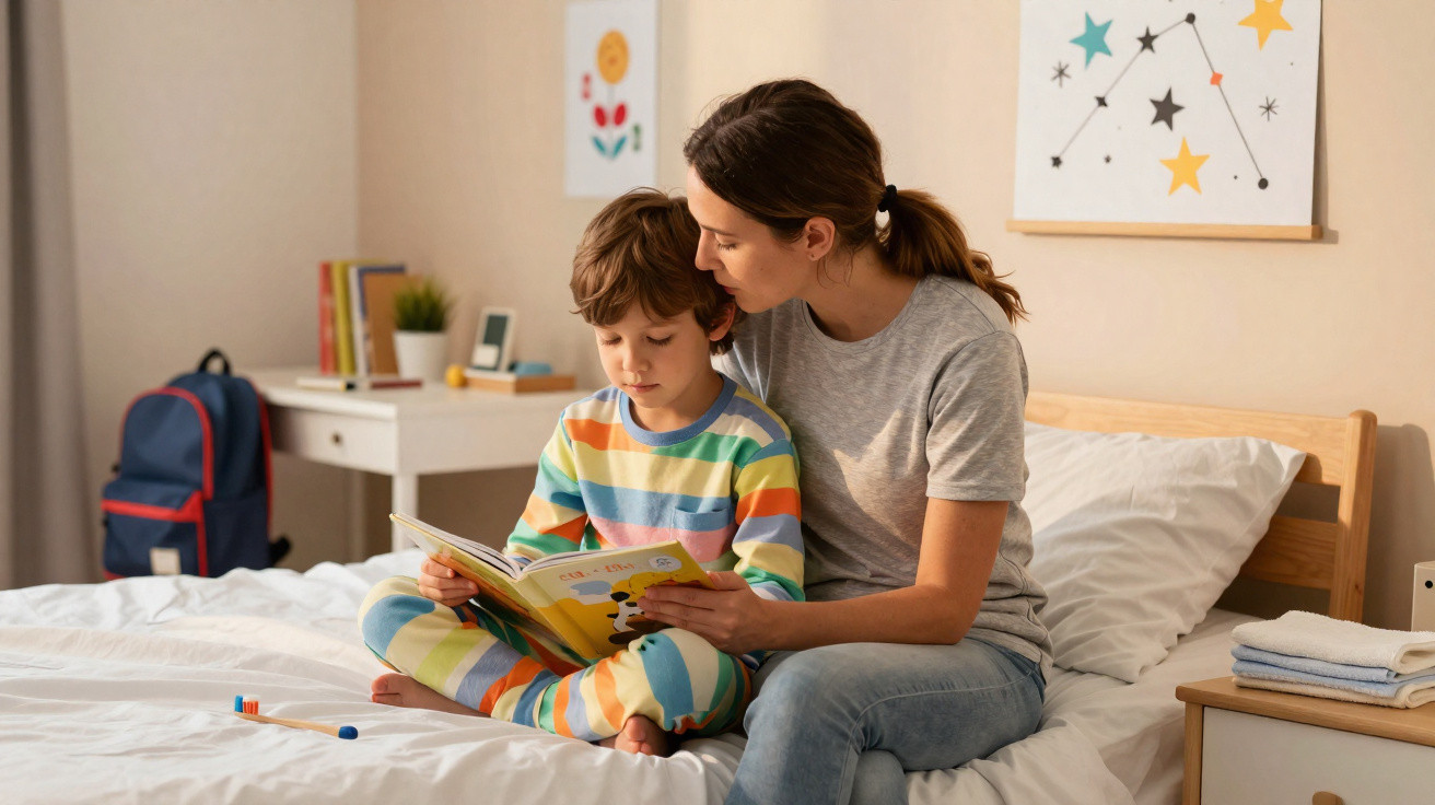 Mãe sentada na cama lendo livro para filho pequeno com pijama colorido em quarto aconchegante.