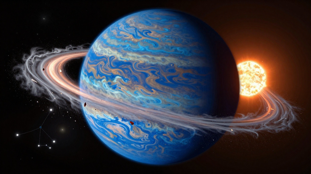 Planeta azul com anéis brilhantes e estrelas ao fundo em cenário espacial fictício.
