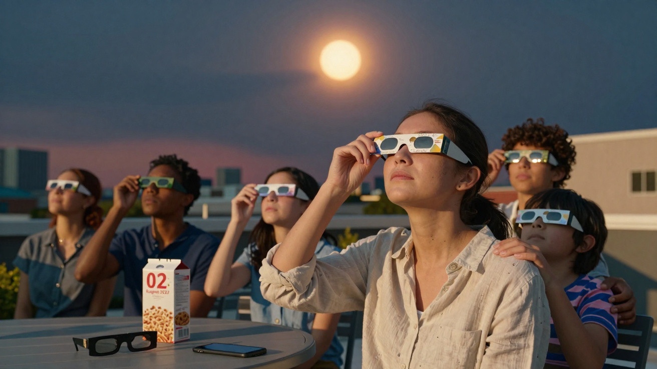 Grupo de pessoas olhando para o céu com óculos especiais de observação solar ao pôr do sol.