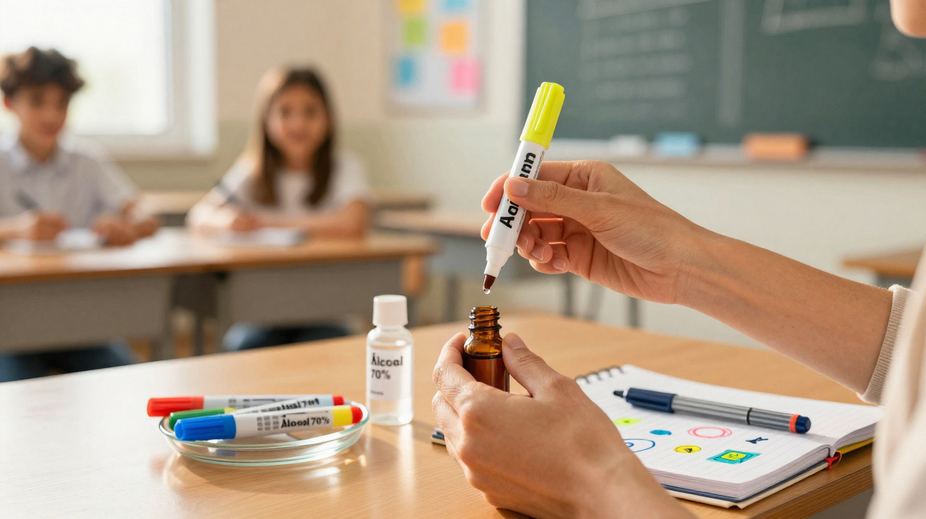 Mãos pingando álcool em marcador colorido em sala de aula com crianças ao fundo.