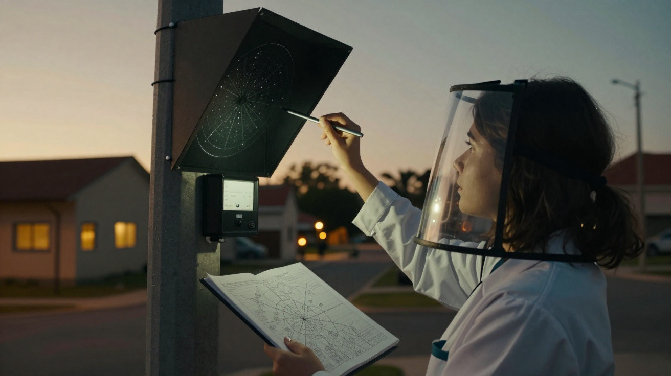 Mulher com protetor facial desenha diagrama em placa luminosa ao ar livre no entardecer.
