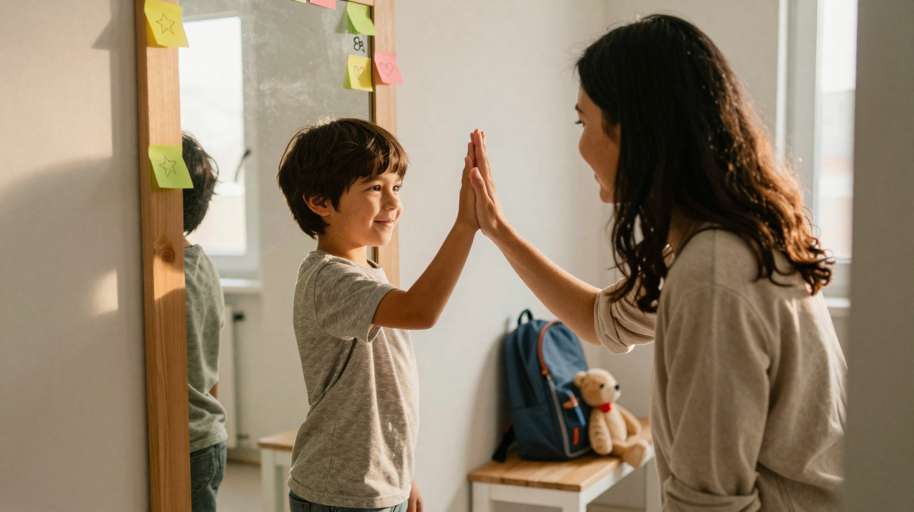 Criança e mulher dando tapinhas nas mãos em ambiente interno iluminado pela luz natural.