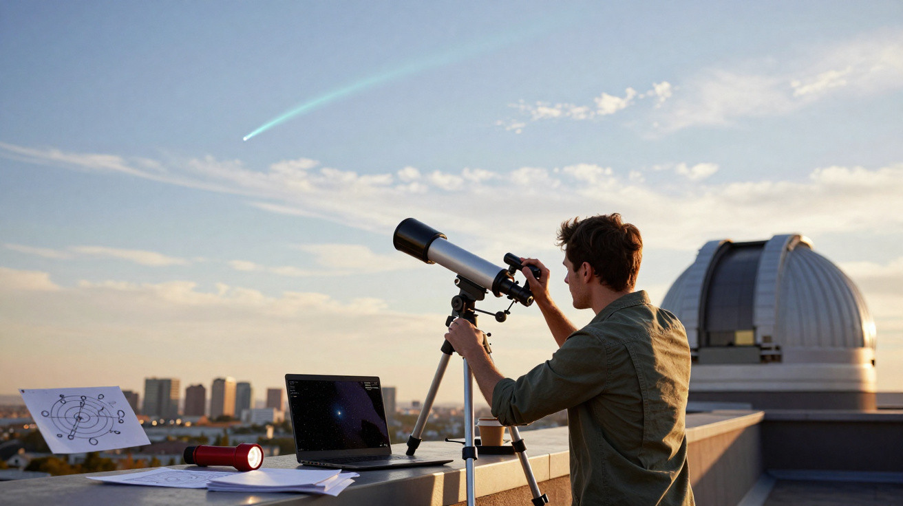 Homem observa o céu com telescópio em um terraço com laptop e mapa astronômico ao pôr do sol.