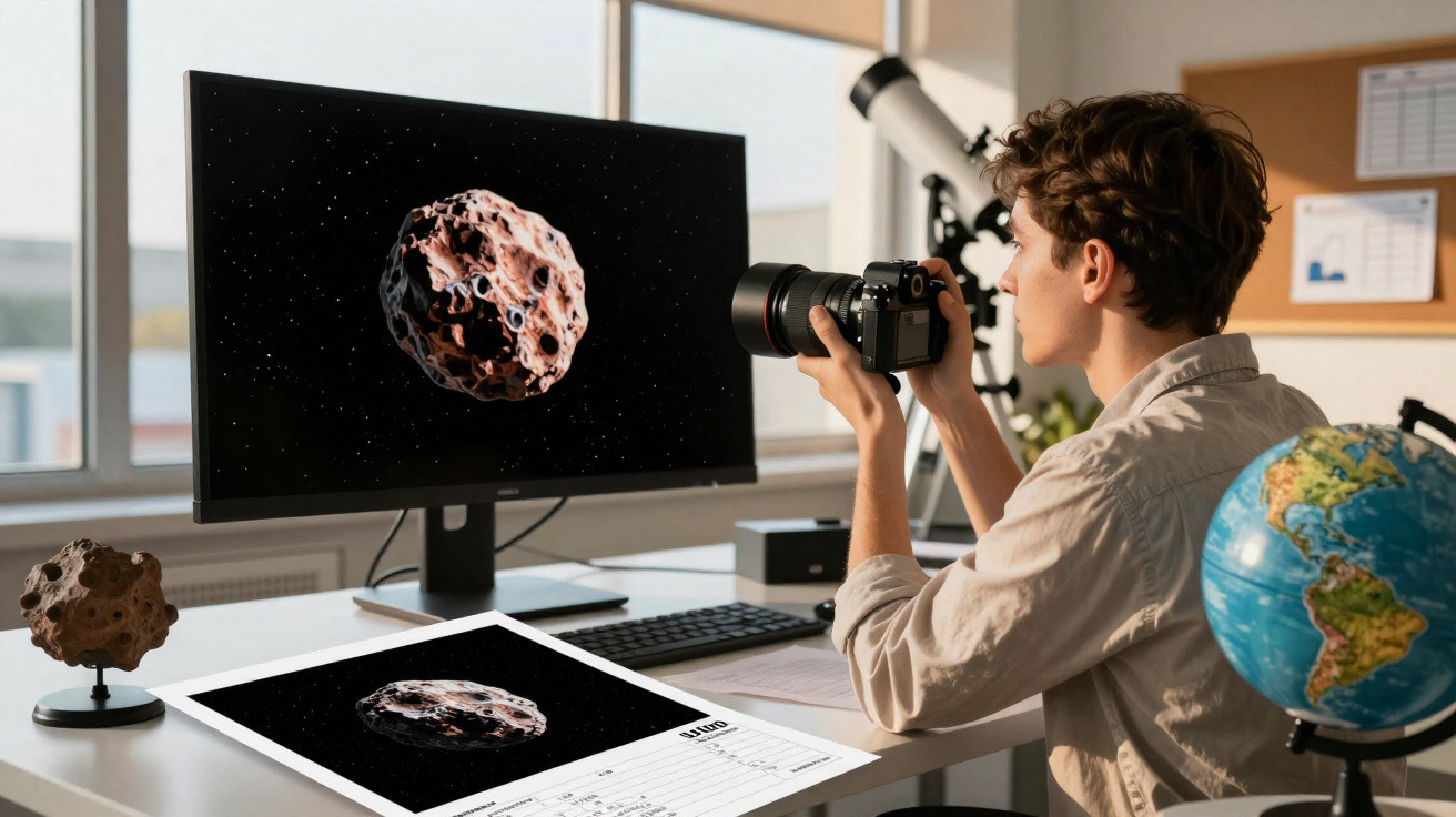 Jovem fotografa modelo de asteroide em mesa com globo, computador e telescópio em ambiente claro.