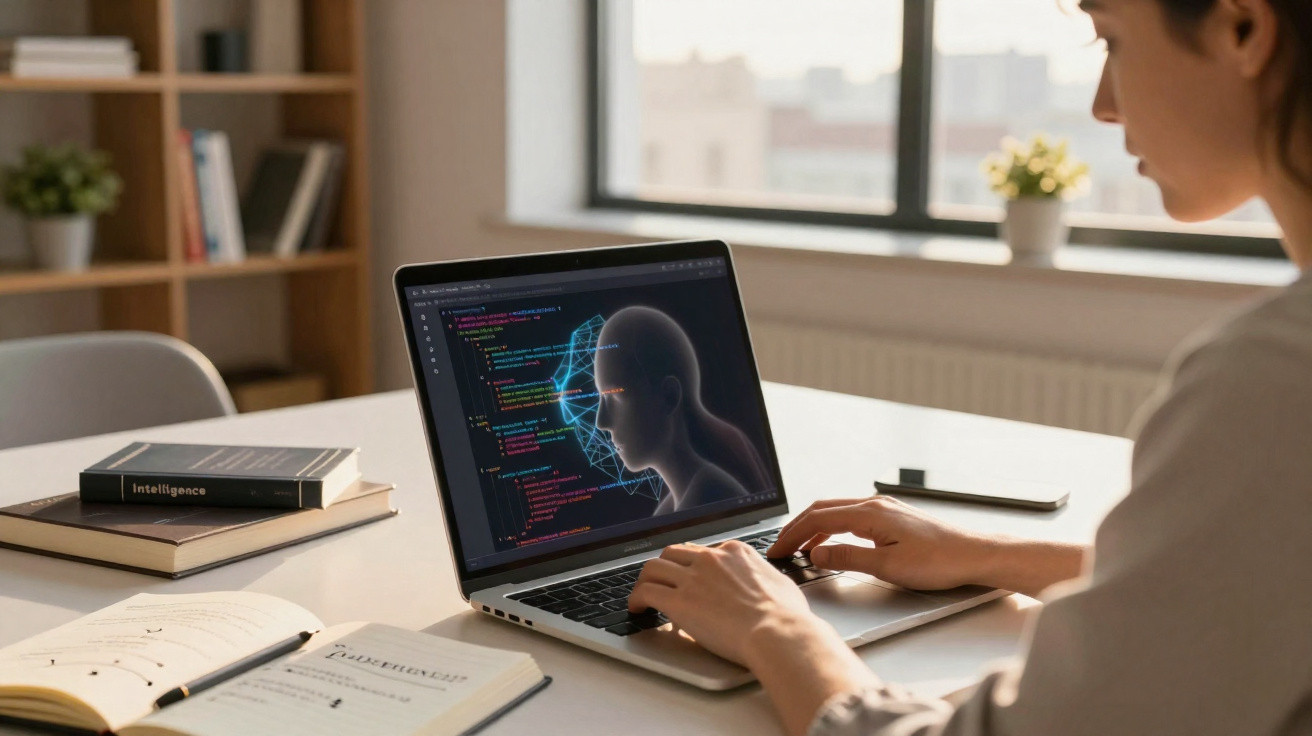 Pessoa trabalhando em notebook com código e imagem de rosto digital em escritório iluminado.
