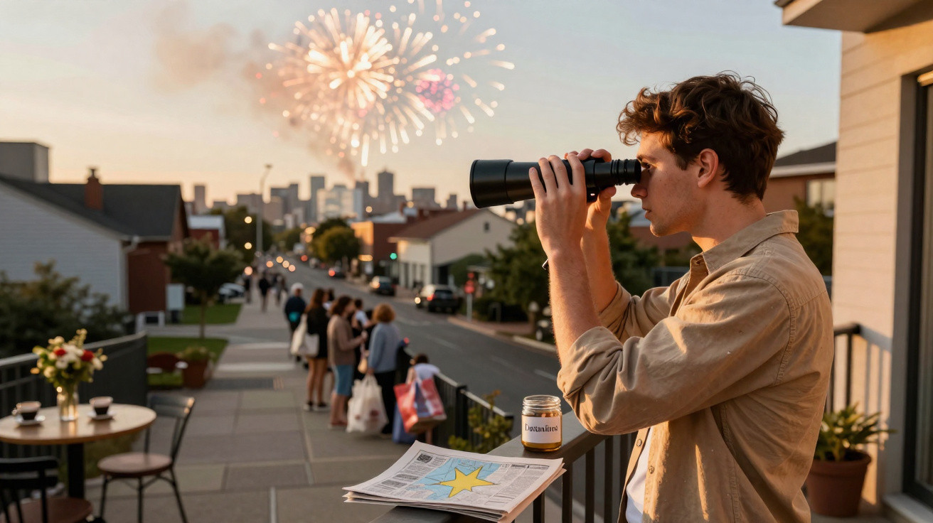 Homem observa fogos de artifício com binóculo em varanda, enquanto pessoas estão na rua ao fundo.