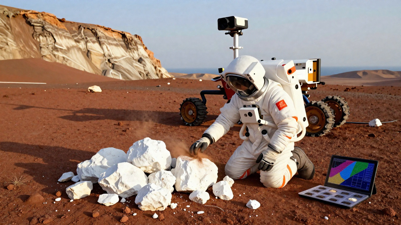 Astronauta examina rochas brancas em solo árido com rover e notebook ao lado.