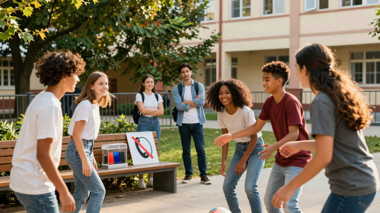 Adolescentes jogando bola ao ar livre em área escolar, com dois jovens observando ao fundo.