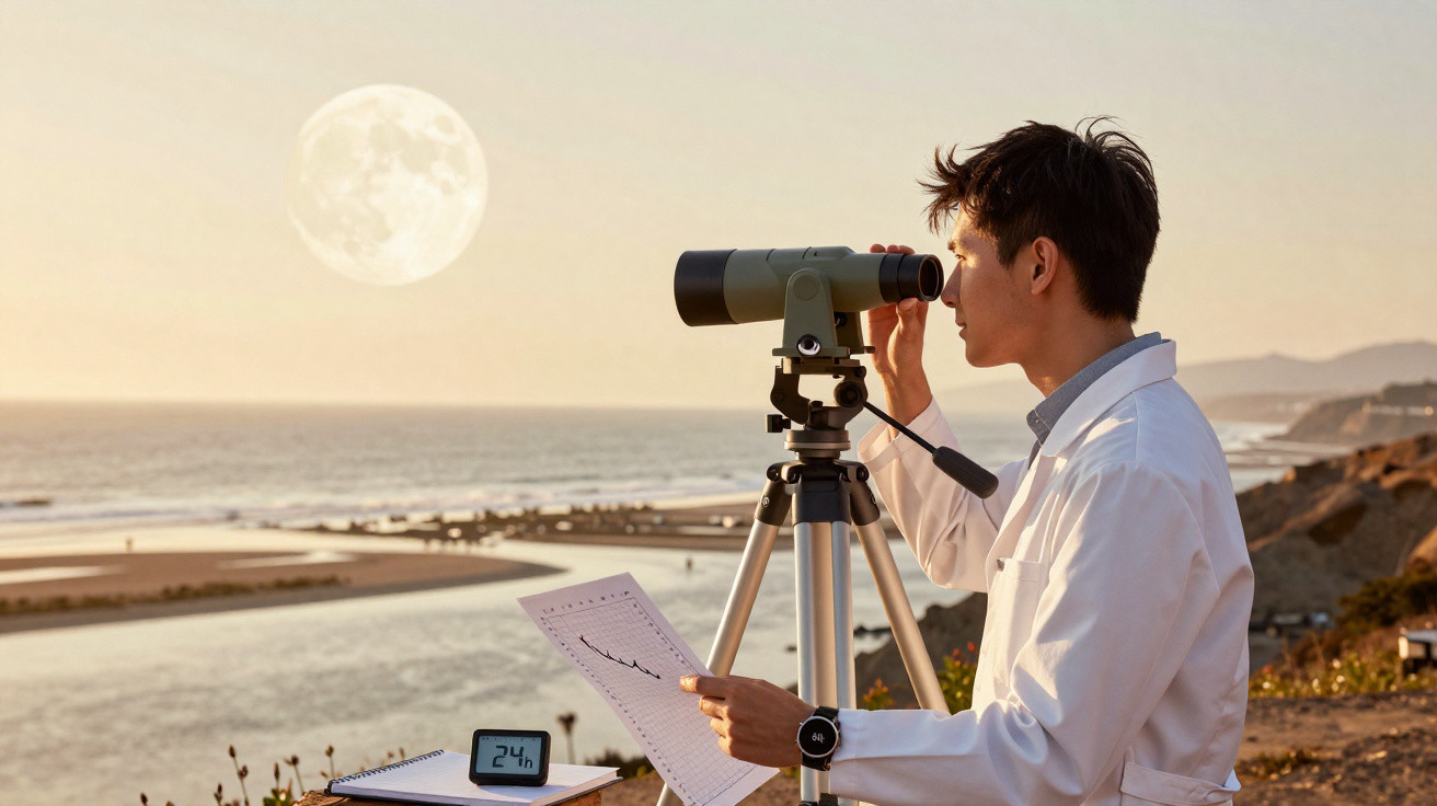 Homem observa a lua com telescópio ao pôr do sol em área costeira, segurando gráfico astronômico.