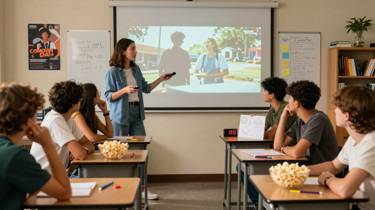 Professora apresenta vídeo para alunos sentados em sala de aula com baldes de pipoca nas mesas.