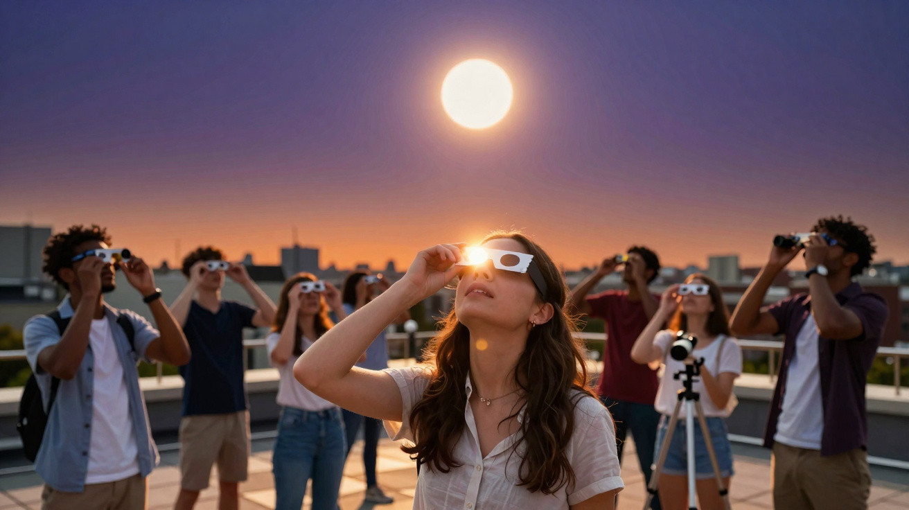 Grupo de jovens observando eclipse solar com óculos especiais ao pôr do sol em área ao ar livre.