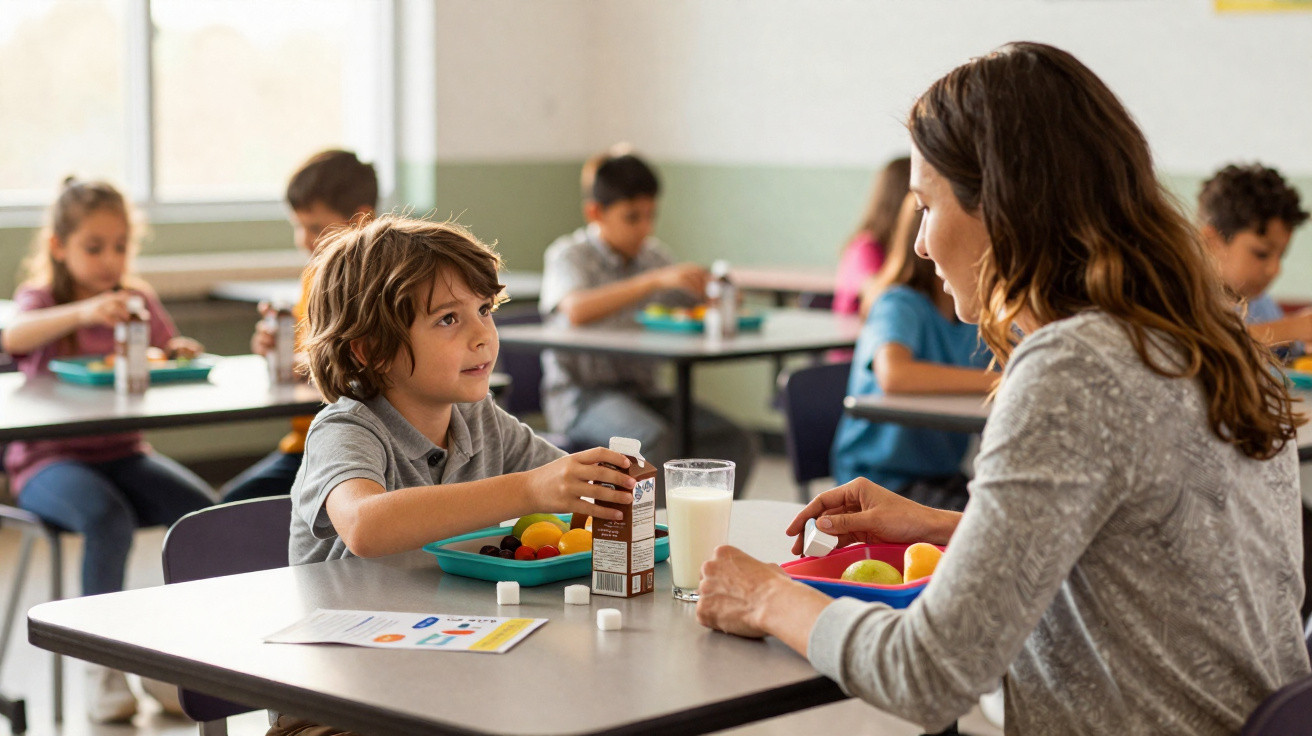 Crianças e professora sentadas em sala de aula, fazendo refeição com frutas e leite nas bandejas.