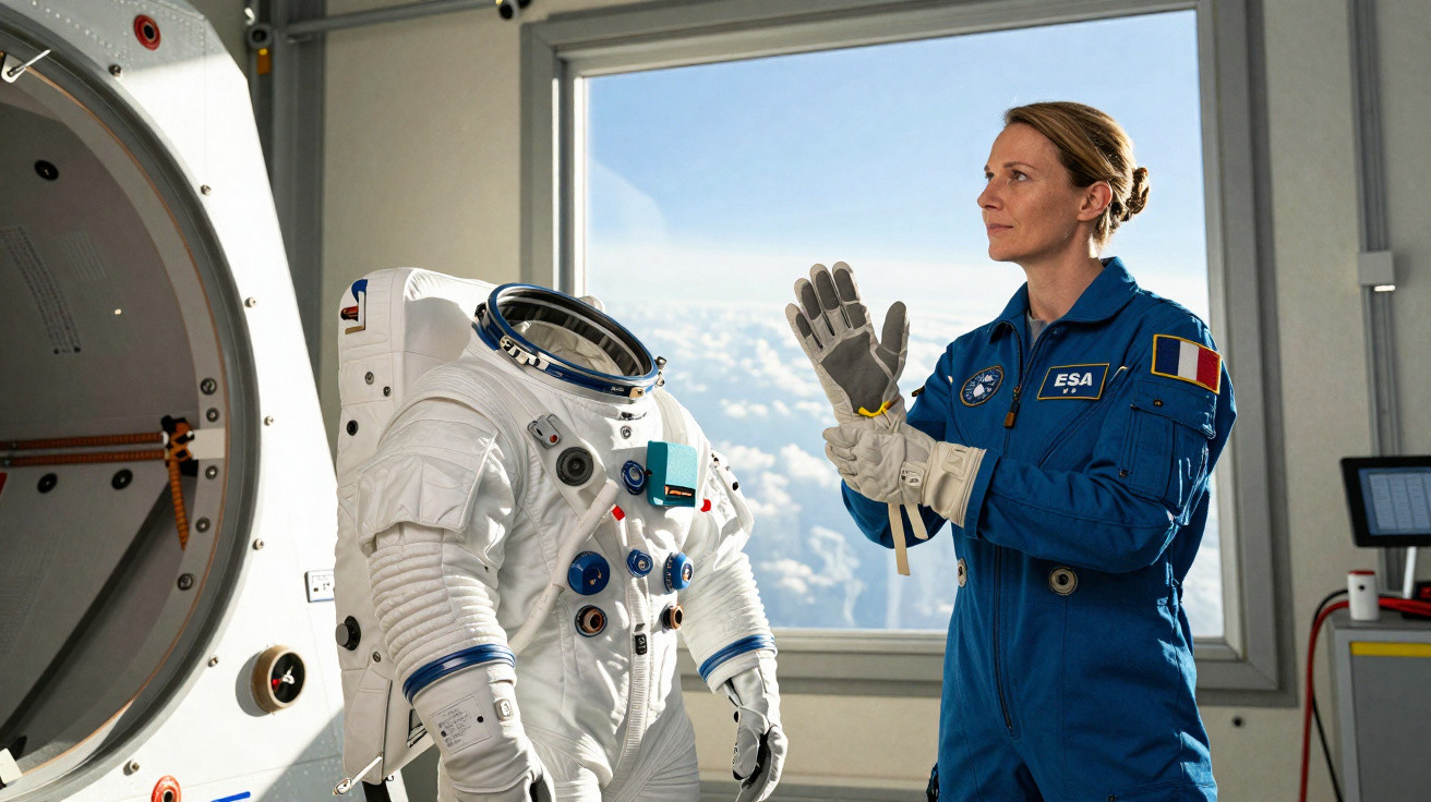 Astronauta na ESA com uniforme azul vestindo luvas ao lado de traje espacial branco em ambiente interno.