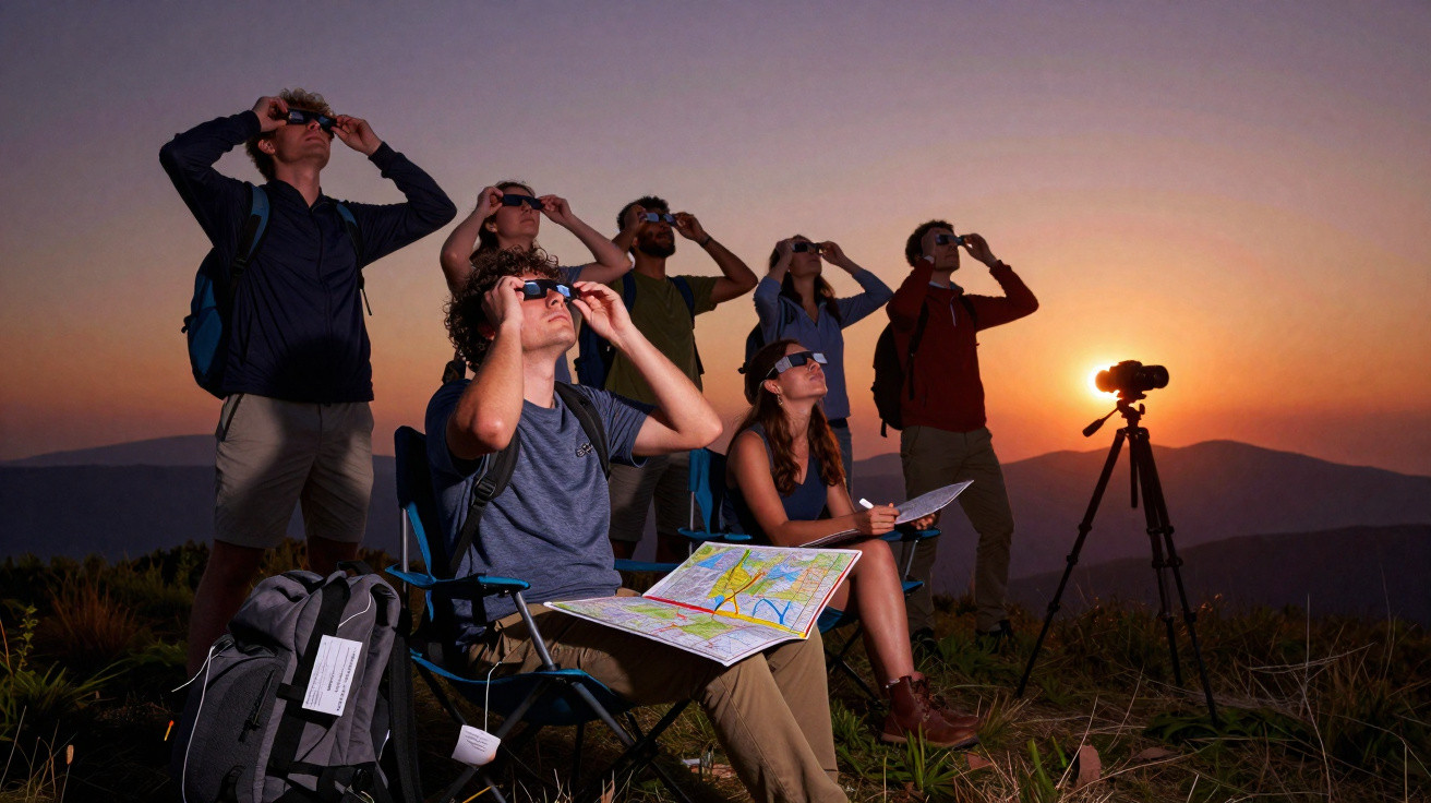 Grupo de pessoas em montanha assistindo ao pôr do sol com óculos especiais para observar eclipse solar.